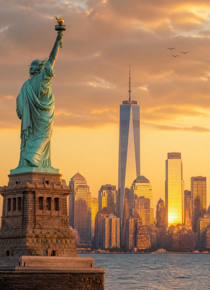 Statue of Liberty and the New York skyline at sunset — USA visas
