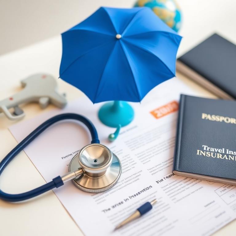 Travel insurance policy with stethoscope, umbrella and passport
